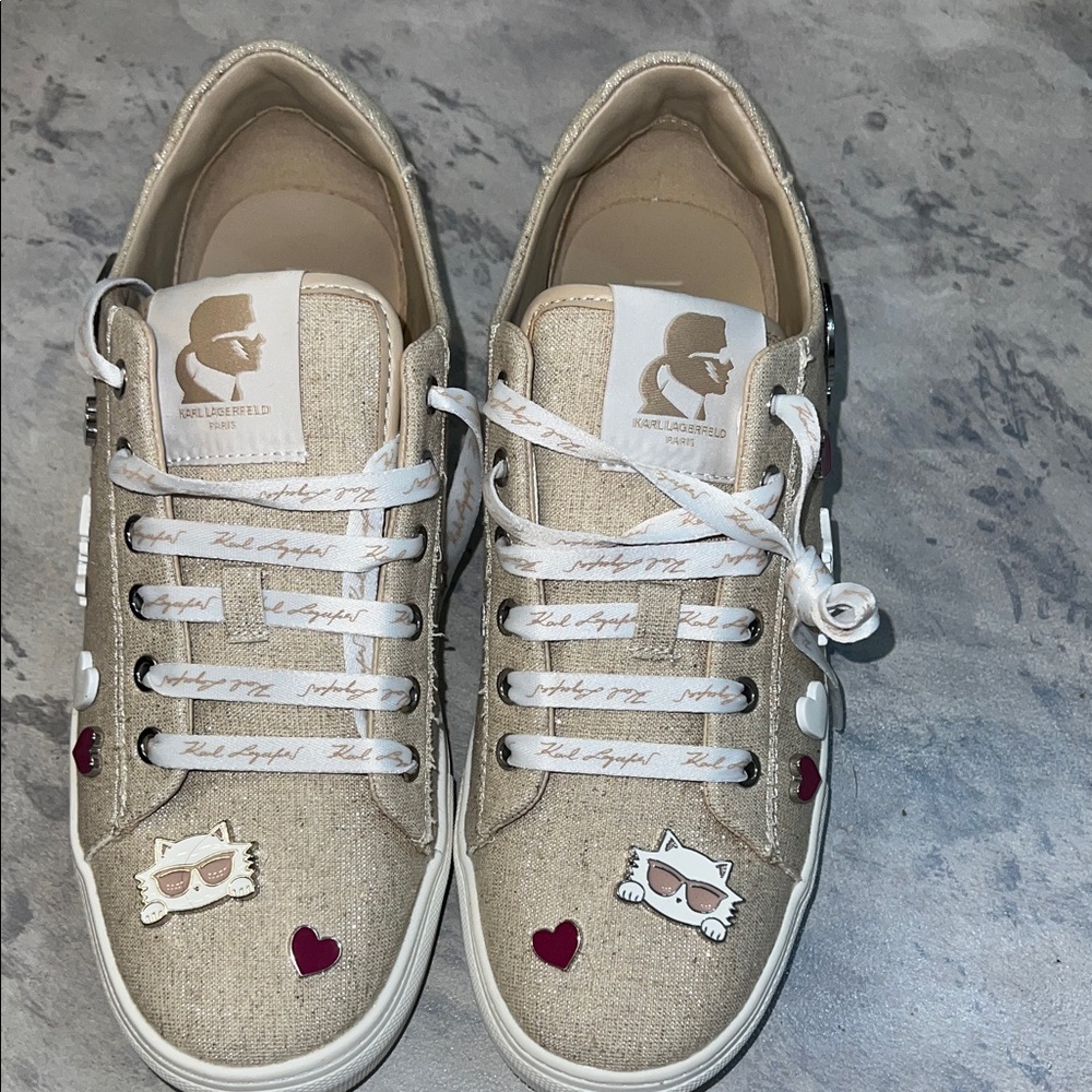 Karl Lagerfeld Cate Pins Natural/Silver sparkly linen sneakers 8.5US 39 EU